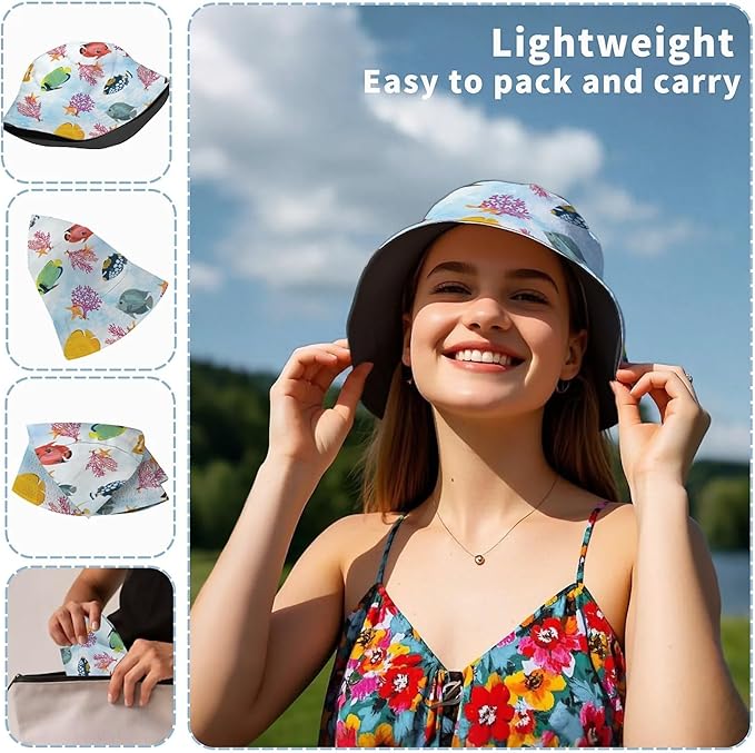 Bucket Hat for Women Men Unisex Sun Cap Packable Outdoor Fisherman Hat Headwear,Reversible Double-Side-Wear