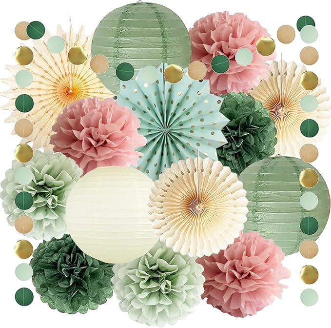 Sage Green and Dusty Pink Party Decorations Green & Pink Party Decor Sage Tissue Pom Poms Paper Lanterns Beige Paper Fans for Women Girls Birthday Wedding Bridal Shower Baby Shower Party Decor