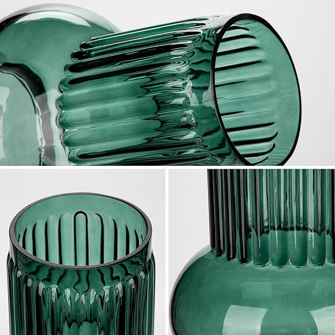 Blue Green Large Glass Vase for Flowers, 7" H x 3.5"/4.7" W Ribbed Vase Modern Wide Mouth Vase Flower Vases Decorative Glass Vases for Centerpieces Mantel Shelf Table Home Decor