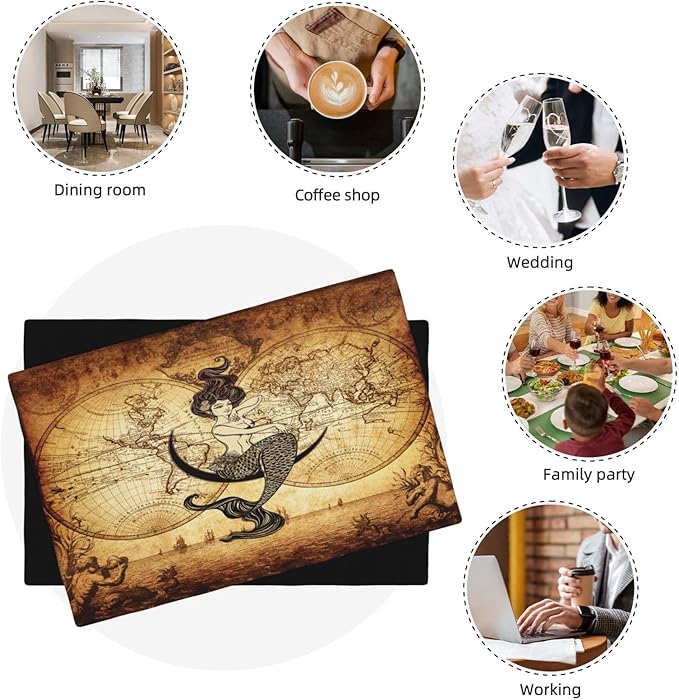 Vintage Mermaid Map Placemats, Old 70s Nautical Pirate World Map Print Washable Fabric Placemats Table Kitchen Dining Party 12x18 Inch Set of 6