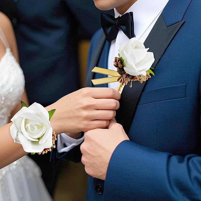 SITUMEIZI 2Pcs Corsage and Boutonniere Set Corsage Wristlet for Prom Decor Boutonniere for Men Wedding Flowers Accessories Party Suit Decoration(Platinum)