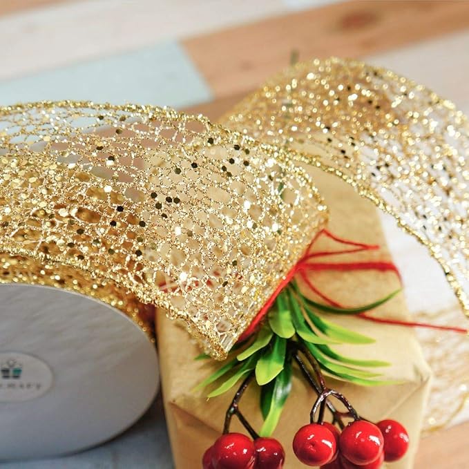 CT CRAFT LLC Sparkling Glitter Mesh Wired Ribbon 2.5" x 10 Yards Gold for Christmas Home Decor Bow Gift Wrapping DIY Crafts Wreath