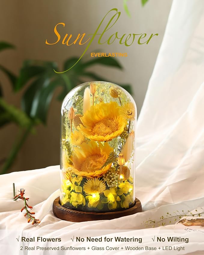 Sunflower Gifts for Women,Preserved Sunflowers Real Flowers in Glass Dome,Gifts for Grandma Mom Wife Mother in Law