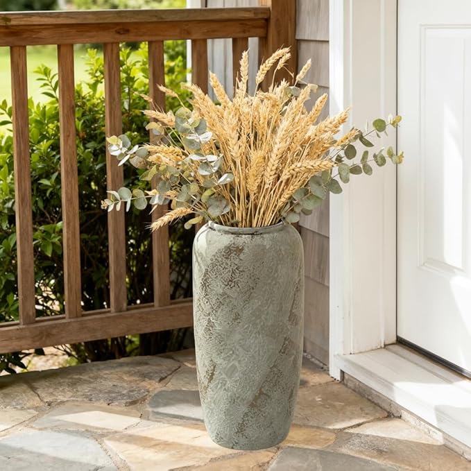 15.7 Inch Rustic Ceramic Tall Floor Vase, Slim Tapered Rustic Farmhouse Vase for Dried Stems & Pampas, Neutral Beige Decorative Vase for Living Room