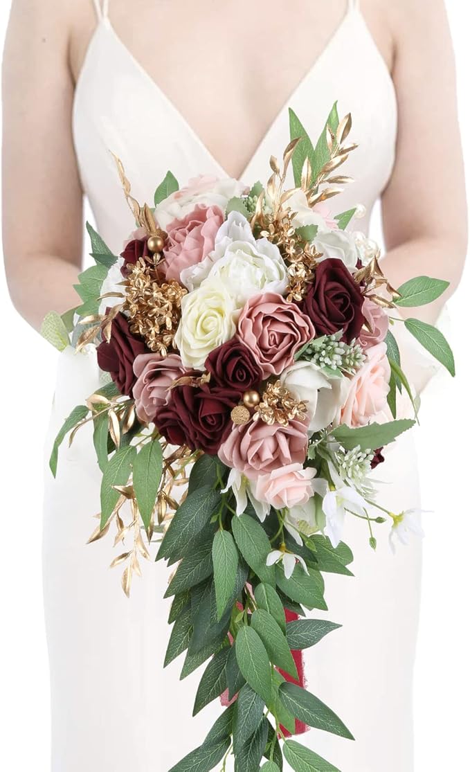 9 Inch Artificial Wedding Bouquets for Bride Bridal Bouquet Bridesmaid Bouquet Tossing Bouquet for Wedding Ceremony Anniversary Bridal Shower(Marsala & Blush)