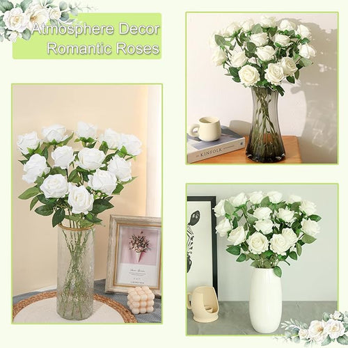 12Pcs White Roses Artificial Flowers Fake Roses Faux Velvet Silk Flower for Home Wedding Decoration (Pearl Rose, White)