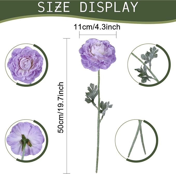 6Pcs Ranunculus Artificial Flowers 19.7’’ Purple Faux Peonies Silk Ranunculus Flowers for Bouquet Vase Table Centerpiece Home Wedding Party Garden Decoration(Purple)