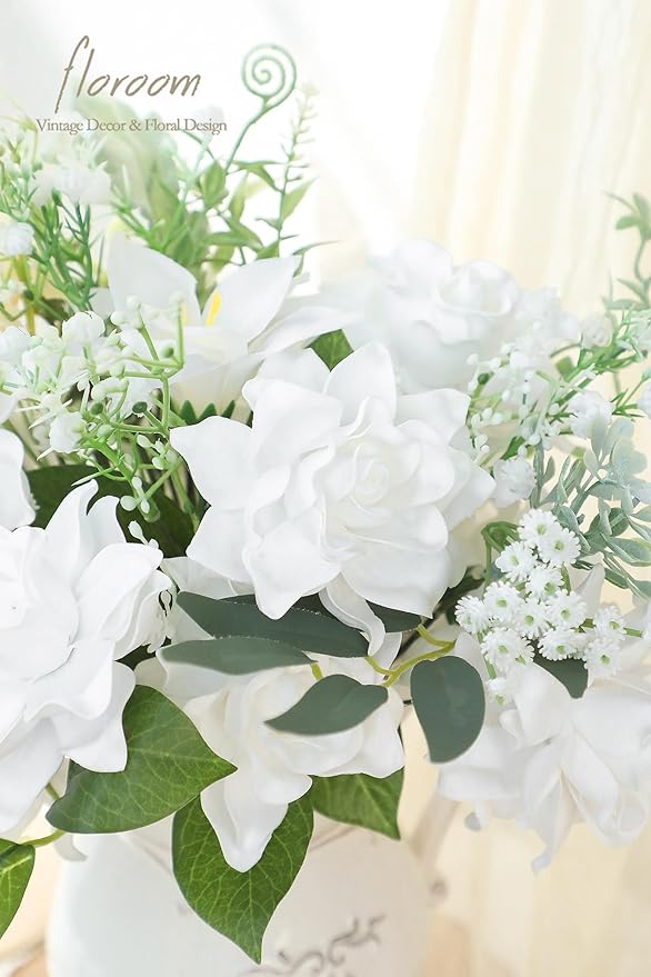 Floroom Artificial Gardenia Flowers 2.7" 25pcs Real Looking White Foam Fake Flowers with Stems for DIY Wedding Bouquets Bridal Shower Centerpieces Floral Arrangements Party Tables Home Decorations