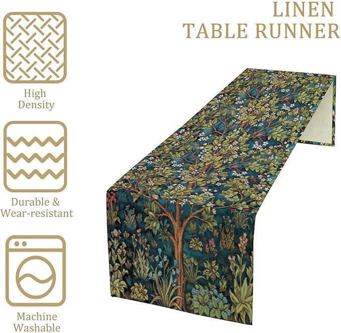 William Morris Floral Table Runner, Vintage Green Botanical Printed Table Runner for Home Kitchen Dining Table Decoration,13x70 Inch