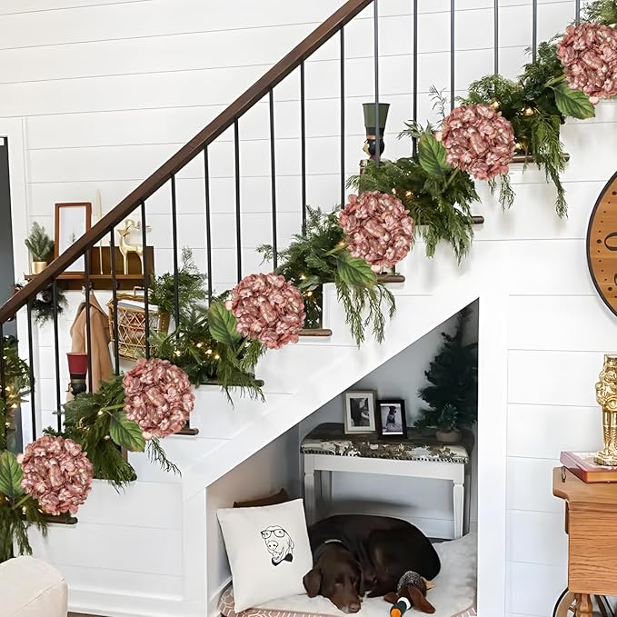 Hollyone 3Pcs Christmas Flowers Artificial Hydrangea Flowers with Stems 23inch Glitter Fake Hydrangea Flower Pink Floral Arrangements Bouquets Xmas Faux Hydrangea Wedding Christmas Tree Home Decor