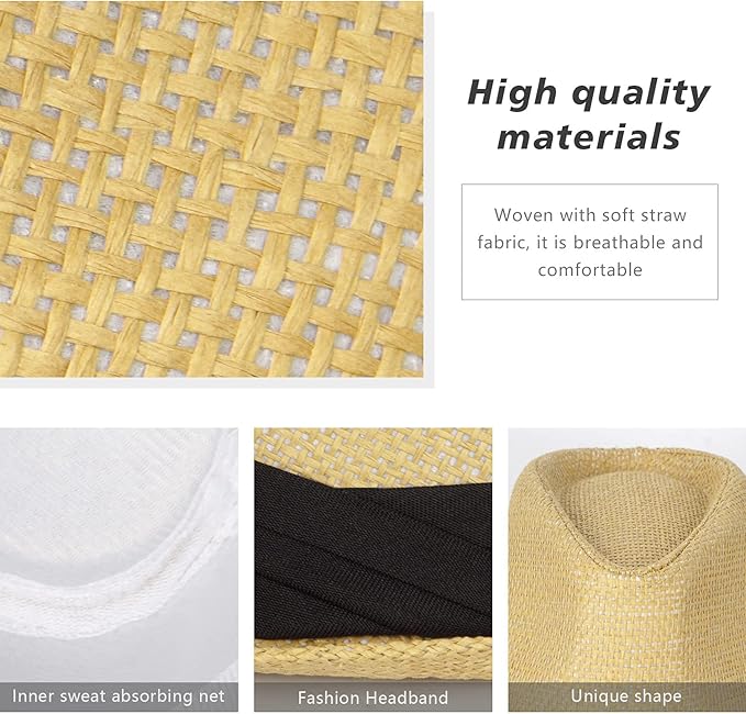 FADACHY Summer Straw Fedora Hat Short Brim Panama Sun Hat Trilby Beach Hat for Men & Women