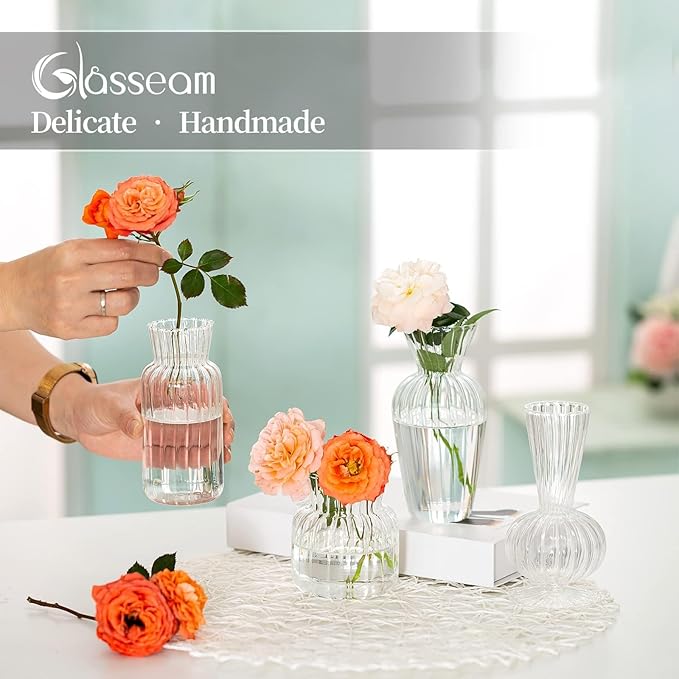 Modern Clear Glass Bud Vase Set: Glasseam 4Pcs Small Mini Flower Centerpieces Vases Handmade DecorativeCute Short Window Corner Home Decor for Wedding Reception Dining Table Single Rose Flowers