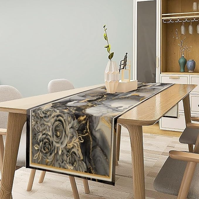 Grey Marble Flower Table Runner, Black Grey Marble Golden Veins Abstract White Natural Texture Floral Dinner Runner Table Decoration for Home Kitchen Dining Holiday Party 13x120in