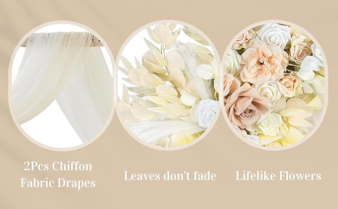 Ting's time Artificial Wedding Arch Flowers Kit(Pack of 4) 2pcs Large Artificial Flower Swags with 2pcs Draping Fabric for Wedding Party Ceremony Decoration(Beige)