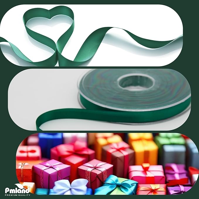 PMLAND Christmas Green Fabric Satin Ribbon 3/8'' Inch x 27 Yards Double Faced Use for Crafts Gift Wrapping Floral Bouquets Ornaments Hair Bows Party Decoration
