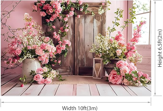 AOTOFO 10x6.5ft Rustic Wood Floral Backdrop for Baby Shower Newborn Studio Picture Photography Wooden Door Pink Flower Wall Background Wedding Bridal Shower Birthday Party Photoshoot Booth Banner
