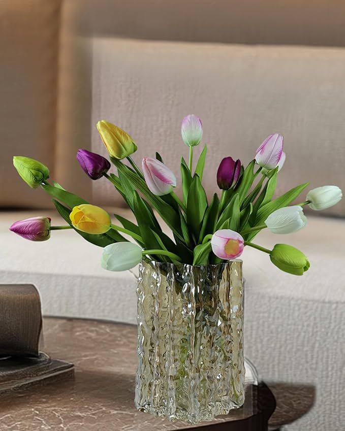 12pcs Tulips Artificial Flowers Real Touch Silk Faux Flowers Tulip Stems for Wedding Spring Bouquet Floral Arrangement Home Party Office Decorations (White Pink Yellow Green)