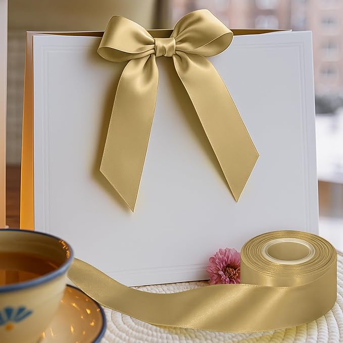 Fullive 1 1/2 Inch Champagne Gold Ribbon, 30 Yards Satin Ribbon, Polyester Satin Christmas Ribbon for Wedding Xmas Tree Graduate New Years Decorations DIY Bows Bouquet Gift Wrapping Christmas Favors