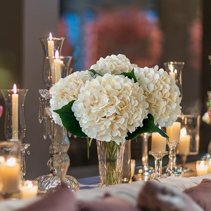 YalzoneMet 4Pcs Champagne Silk Hydrangea Artificial Flower Lifelike Big Blooms 20'' Long Stem Faux Hydrangea Flower Bouquets for Home Party Indoor Outdoor Wedding Table Centerpiece Decor