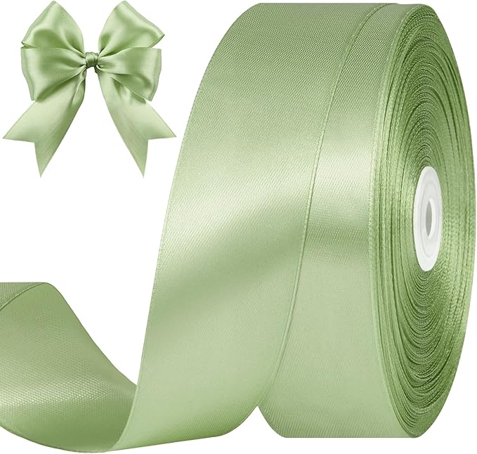 1-1/2 Inches 100 Yards Sage Green Satin Ribbon, Ribbon Roll for Flower Bouquets, Gift Wrapping, Wedding, Handmade Crafts