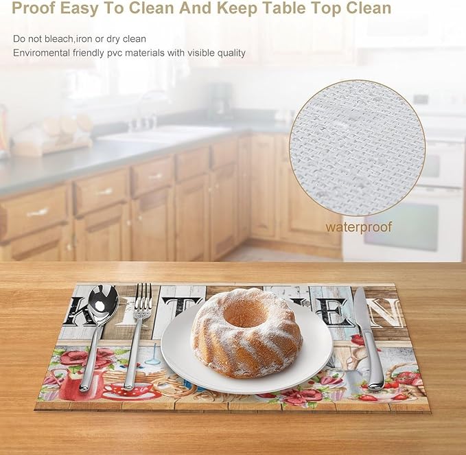 Farmhouse Vintage Kitchen Placemats Rustic Wood Plank Barn Door Retro Strawberry Utensils Knives and Forks Placemats Table Dining Party 12x18 Inch Set of 6
