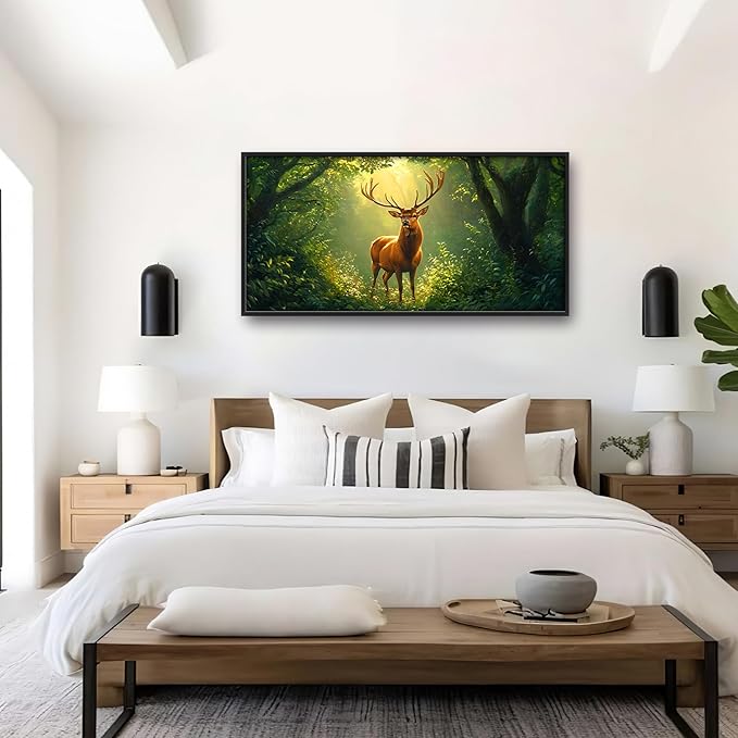 Forest Elk Deer Large Wall Art Framed Green Wall Decor for Living Room Farmhouse Deer Pictures Oversized Canvas Print Painting Modern Extra Large Framed Artwork for Bedroom Office 60"x30"