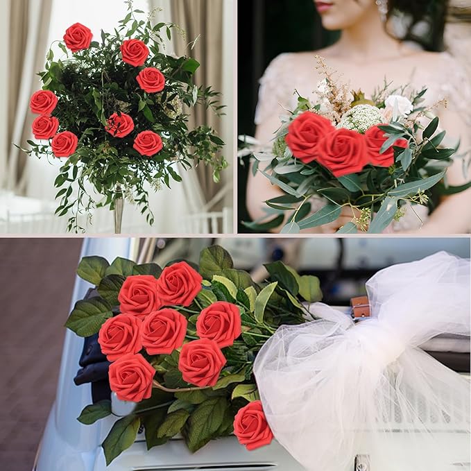 200PCS Red Artificial Flowers Roses Real Looking Foam Fake Roses with Leaves for DIY Wedding Bouquets Bridal Shower Party Decorations (Red, 200)