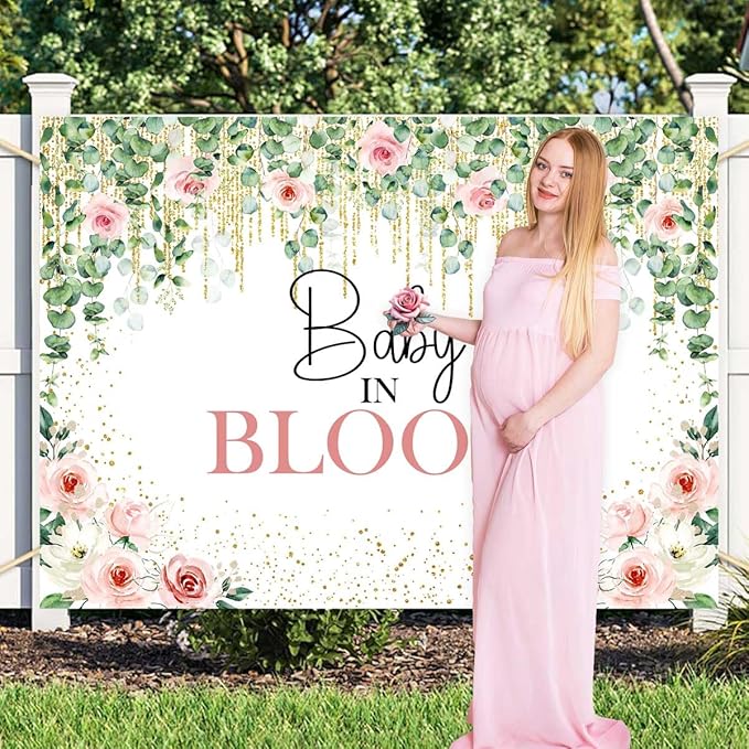 Sensfun Baby in Bloom Backdrop Green Leaves Pink Flowers Baby Shower Party Decorations Girls Greenery Floral Baby in Bloom Banner Gold Glitter Dots Photography Background Cake Table Supplies 7x5ft