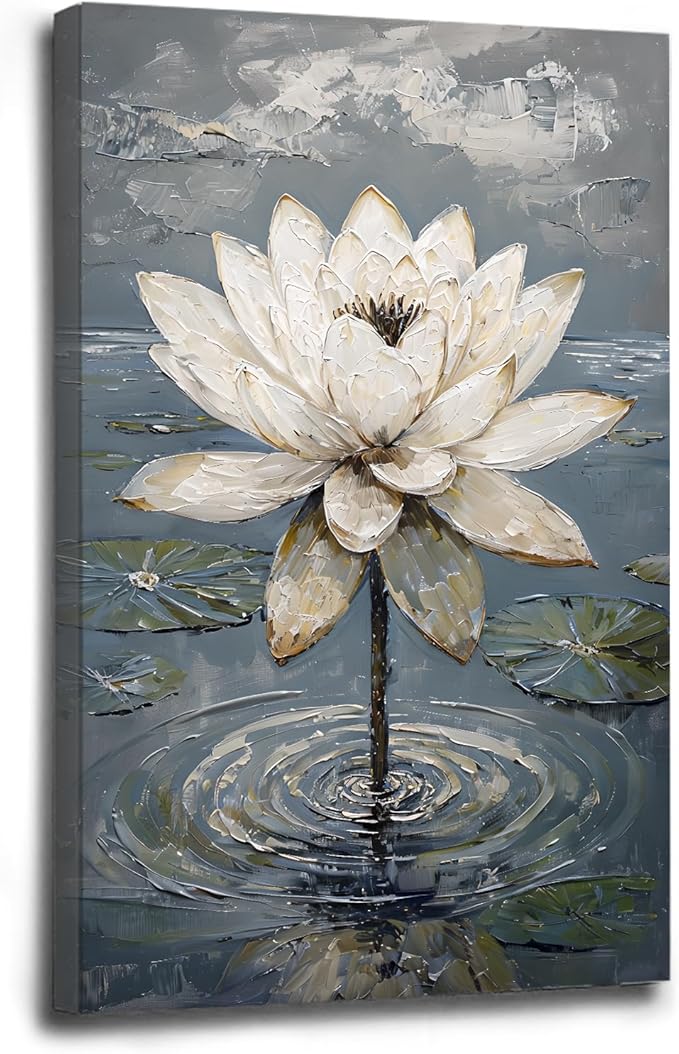Stunning white lotus emerges from prismatic water with delicate petals background Serene aquatic wall art suitable for modern minimalist decor 16x24in Wood Framed