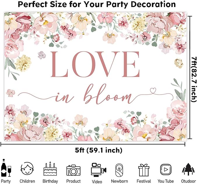 Sensfun Love in Bloom Bridal Shower Decorations Backdrop Rose Pink Wildflower Wedding Shower Background Boho Floral Engagement Banner Wedding Bachelorette Party Decorations Supplies 7x5ft
