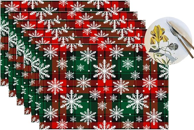 PVC Placemats Set of 6 Wipeable Table Mats Washable Heat Resistant Non Slip Vinyl Dining Table Mat for Kitchen Indoor Outdoor Patio Farmhouse Place Mats Grid Green Red Xmas Decorative
