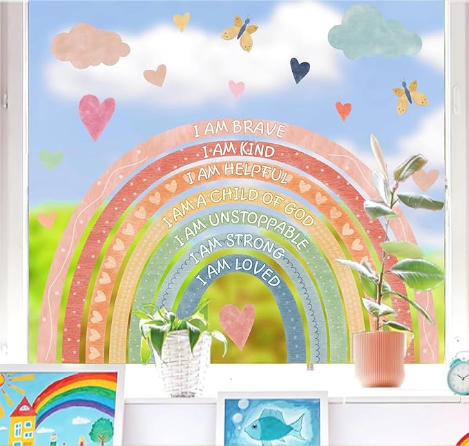 Large Rainbow Window Stickers Kids Inspirational Window Decals Peel and Stick Double Sided Rainbow Window Clings Anti Collision Motivational Window Decals for Nursery Playroom Classroom Bedroom Decor