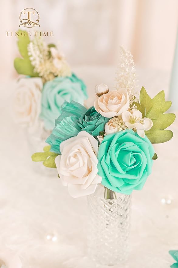 TINGE TIME Artificial Flowers Combo Mix Silk Flowers Teal Green Roses w/stem for DIY Wedding Bridal Bouquets Baby Shower Floral Arrangement Table Centerpieces Home Decorations (Deep Teal Green)