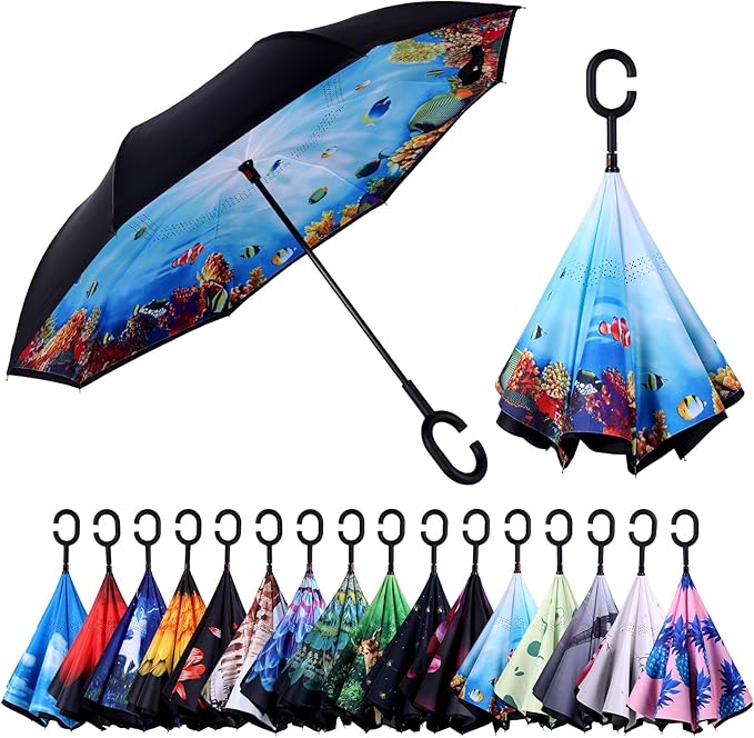 Inverted Umbrella, 49 Inch Double-Layer Vented Reverse Umbrella, Windproof Waterproof UV Protection, Lightweight C-Handle, Fiberglass Ribs, Steel Shaft, Travel/Commute/Car Use, With Sleeve