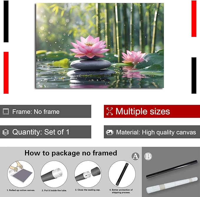 Ethereal pink lotus on obsidian Sunlit bamboo forest with sparkling water drops Poetic nature inspired wall art for tranquil homes and mindful spaces 20x30in Frameless