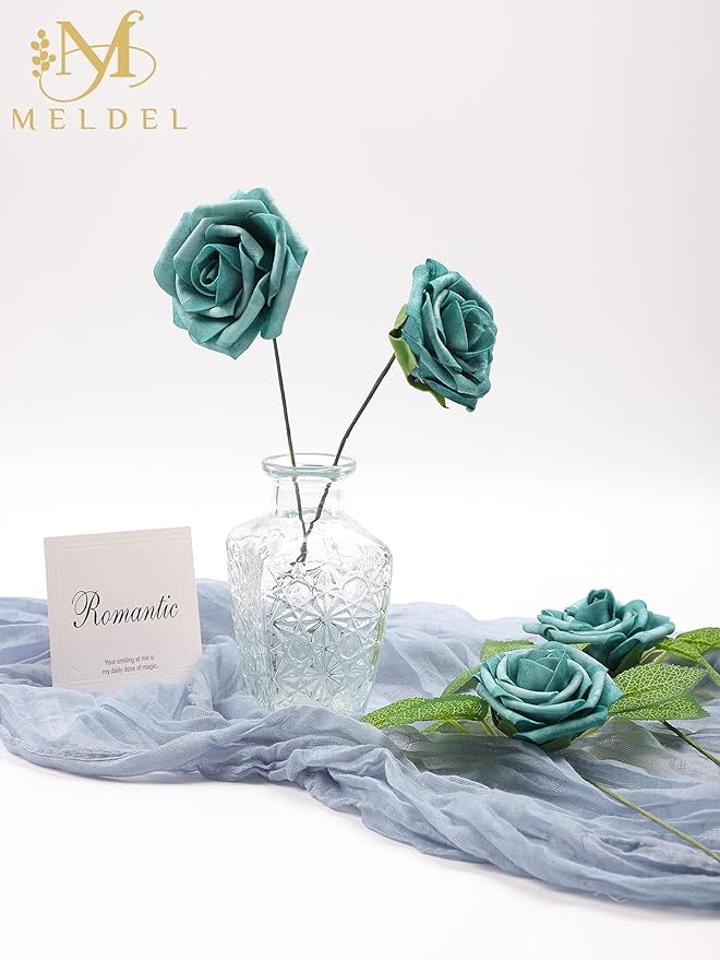 Meldel Artificial Flowers 25pcs Real Looking Dark Teal Foam Fake Roses with Stems for DIY Wedding Bouquets Bridal Shower Centerpieces Floral Arrangements Home Decorations Crafts Rose