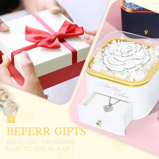 Beferr Birthday Gifts for Women Preserved Real Rose with Necklace Eternal Roses Forever Flowers for Delivery Prime Christmas Day Gifts for Mom Grandma Wife Sister Her from Daughter