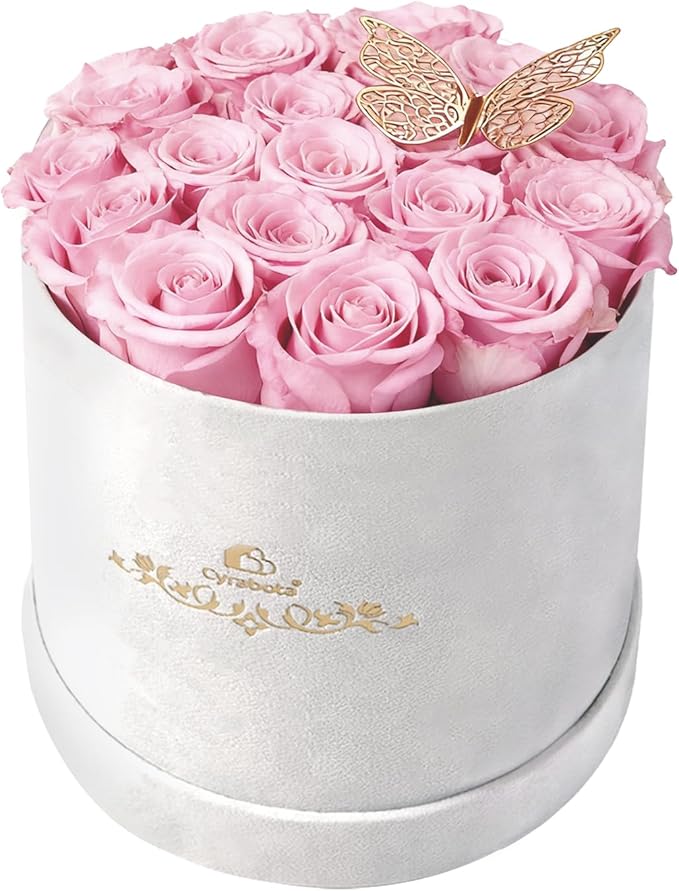 16 Pink Preserved Flowers in Round Gift Box, Forever Flowers Eternal Roses for Mother's Day, Birthday, Anniversary, Valentine's Day Gifts for Women Light Pink