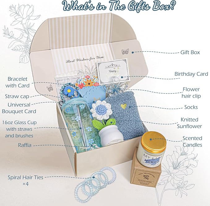 Christmas Birthday Gifts for Teen Girls,Women, Her, Happy Birthday Gift Baskets for Girls Best Friend Sister, Unique Woman Gifts Box for Daughter Girlfriends,14pcs Myosotis Teenage Gift Set(Blue)