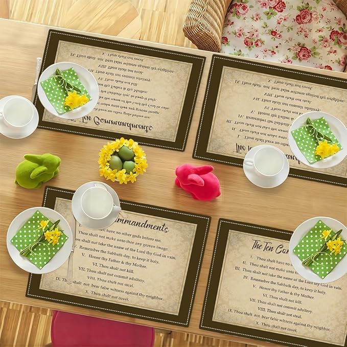 10 Commandments Placemats Set of 6, Ten Commandments Christian Religious Bible Verse Place Mats Washable Double-Sided Table Mats for Kitchen Dining Room Home Party Indoor Decor 6 PCS 12x18 Inch