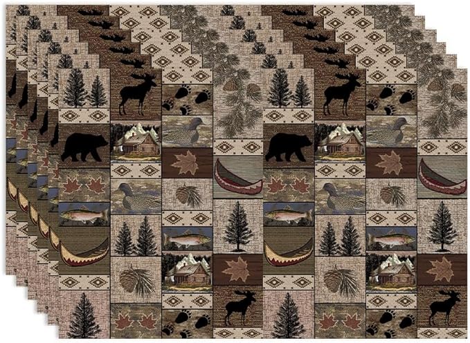 Retro Rustic Bears Deers Lodge Placemats Set of 6, Vintage Cabin Country Farmhouse Style Place Mats, Heat Resistant Non Slip Cotton Linen Dining Table Mats for Home Kitchen Party 18x12 Inch