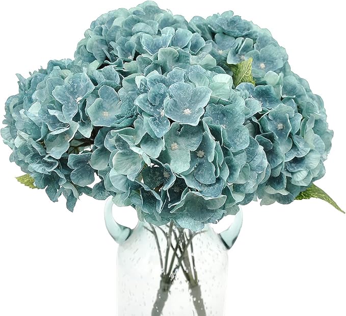 2Bouquets Artificial Fake Flowers Plants Silk Hydrangea Arrangements Wedding Bouquets Decorations Plastic Floral Home Kitchen Garden Party Festival Bar DIY (Blue Haze, 5 Flower Heads)