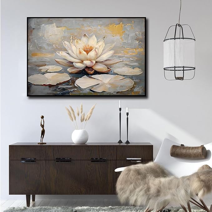 Ethereal white lotus floating on Crystal Waters poster vintage oil painting printwall art soft blush and gold accents serene home and office decor dreamy 12x18in Metal blackFramed