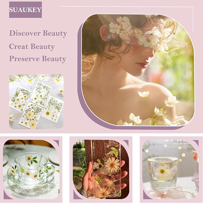 95 Pcs White Pressed Dried Flowers for Resin, Real Natural Bulk Dry Wildflowers Leaves Perfect for Epoxy Molds, DIY Crafts, Home Decor, Soap Candles Jewelry Making
