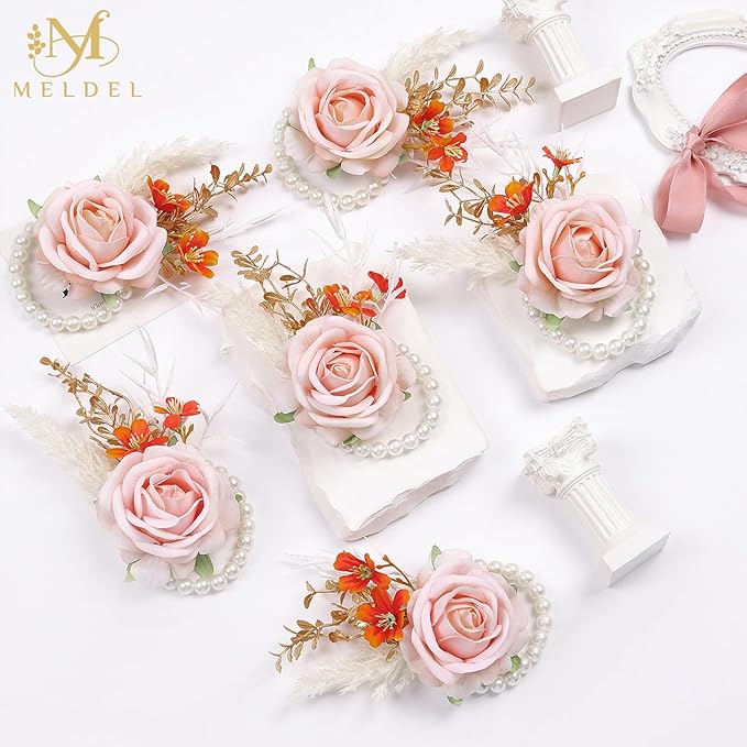 Meldel Pink Wrist Corsage and Boutonniere Set, Flower On Wrist for Bride Bridesmaid Wedding, Boutonniere for Men Groom Groomsman Wedding Accessories Prom Party Suit Decorations