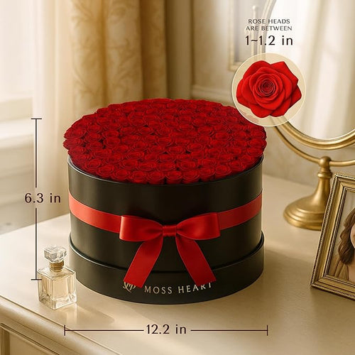 100 Preserved Roses, Forever Flowers for Delivery in Designer Round-Shaped Box, Petite Long-Lasting Buds for Women, Eternal Rose Bouquet for Mothers Day, Girlfriend's Birthday