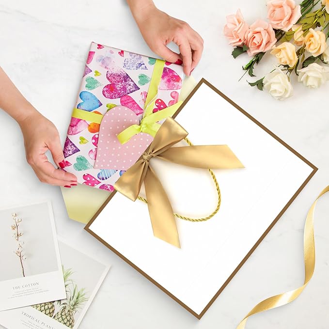 JMANNI Gift Bag, Medium Gift Bags with Tissue Paper, 2Pcs Gift Bags Medium Size with Handle and Bow Ribbon for Any Birthday, Weddings, Mothers Day & Special Occasion 11''x7.87''x4'' (Golden-White)