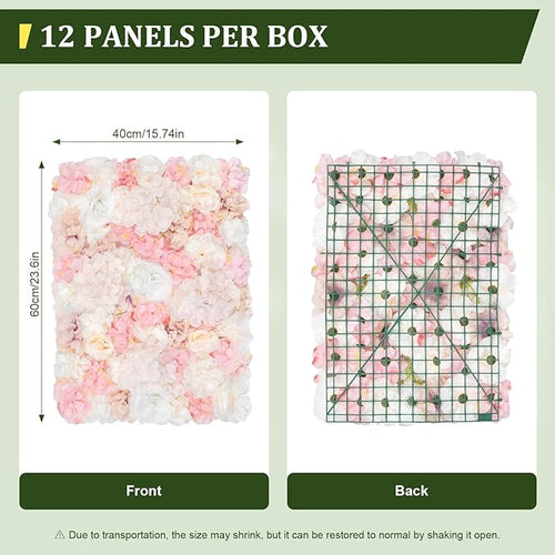 12 Pcs Artificial Flower Wall Panels, 24"x16" 3D Pink Silk Dahlia Hydrangea Rose Flowers Wall Backdrop Artificial Silk Fabric Flower Banquet Wedding Party Decor for Stage Background (Type 1)