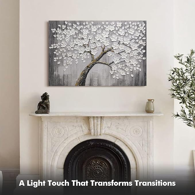 JUHOME Hand-Painted Black and White Thick Texture Flowers Abstract Oil Painting Wall Art,Floral Plum Blossom Tree with Raised Details,Modern Neutral Wall Decor for Home Bedroom,24x36