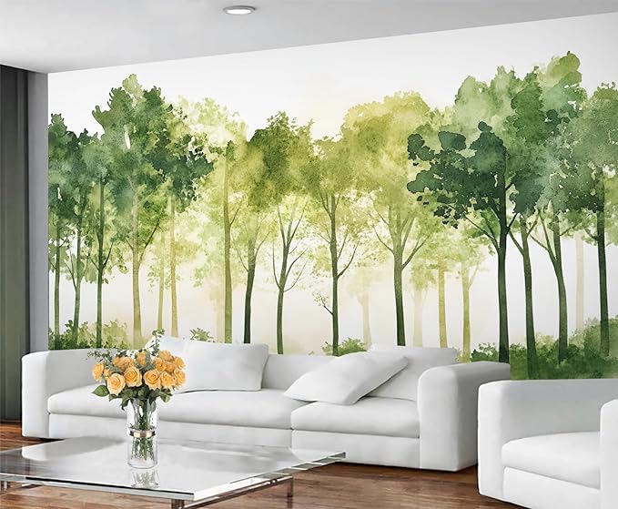 Watercolor Forest Wall Mural, Minimalist Forest Scene 3D Wall Murals, Nordic Nature Wallpaper Mural, for Living Room Bedroom Large Wallpaper Indoor Decor 197" W x124.8 H
